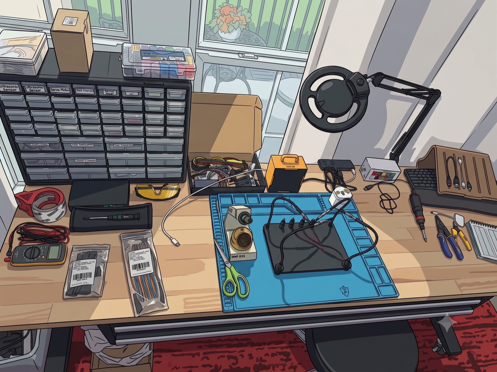 Illustrated electronics bench: soldering iron and stand, helping hands on a blue silicone mat, a wall of labeled parts drawers, multimeter, wire strippers, and a magnifier lamp.