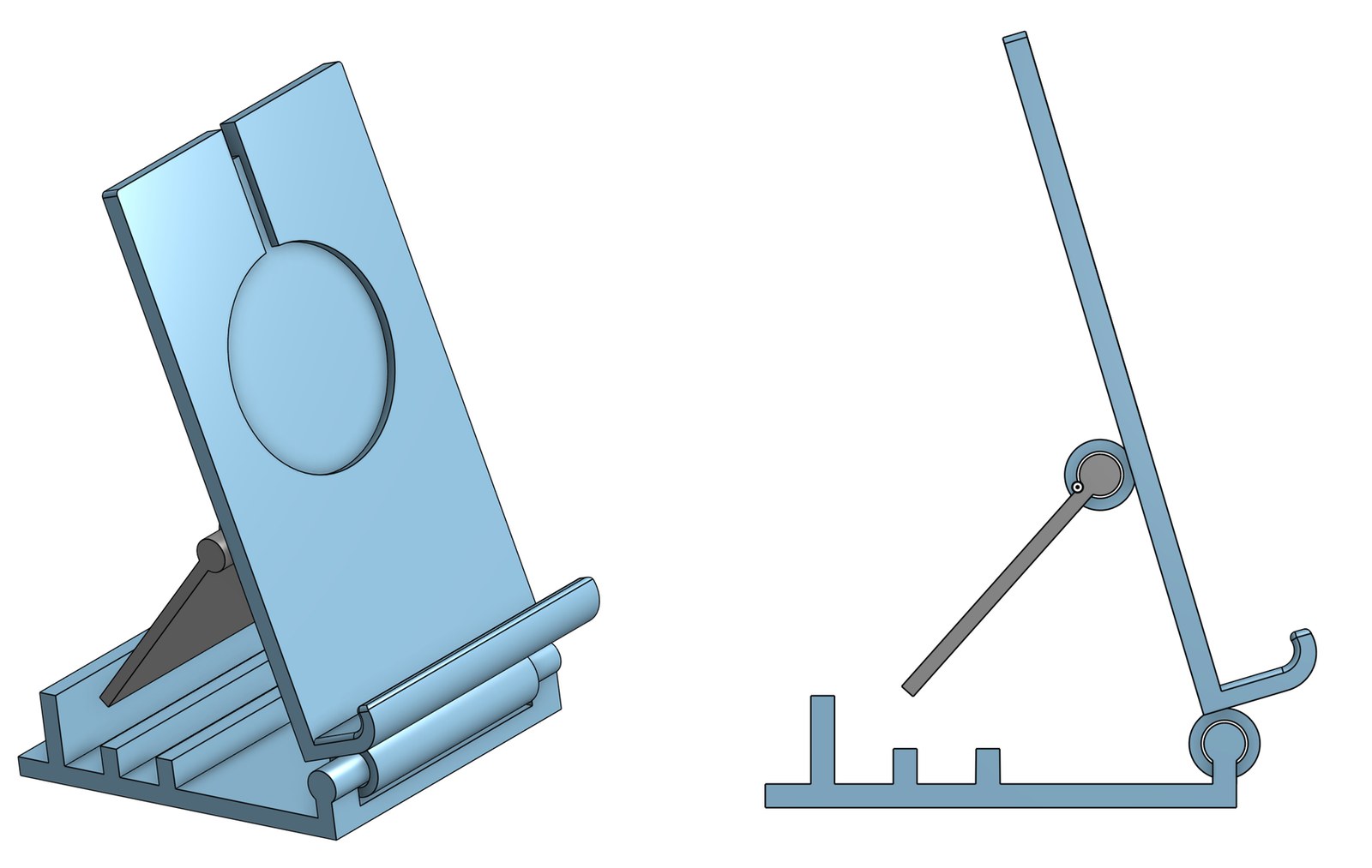 Two CAD views of the adjustable phone stand: a three-quarter perspective render on the left, a side profile on the right showing the hinge and fold-out kickstand.