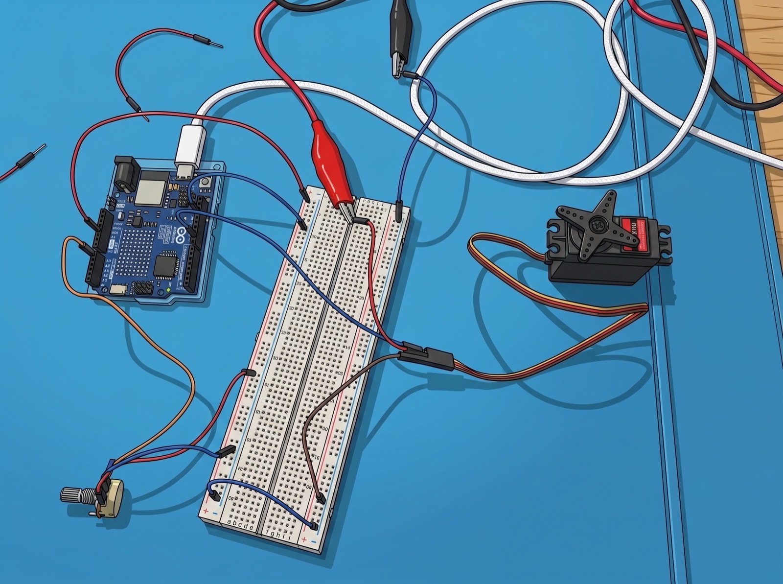 Illustrated bench setup on a blue ESD mat: an Arduino UNO R4 WiFi wired to a potentiometer at lower left, a full size breadboard in the middle, and an MG996R servo at right, with bench supply leads clipped in through a red alligator clip.